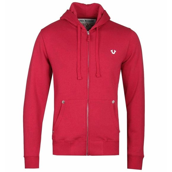 True Religion Men's Classic Logo Zip-Up Hoodie Sweatshirt in Ruby Red - Picture 1 of 2